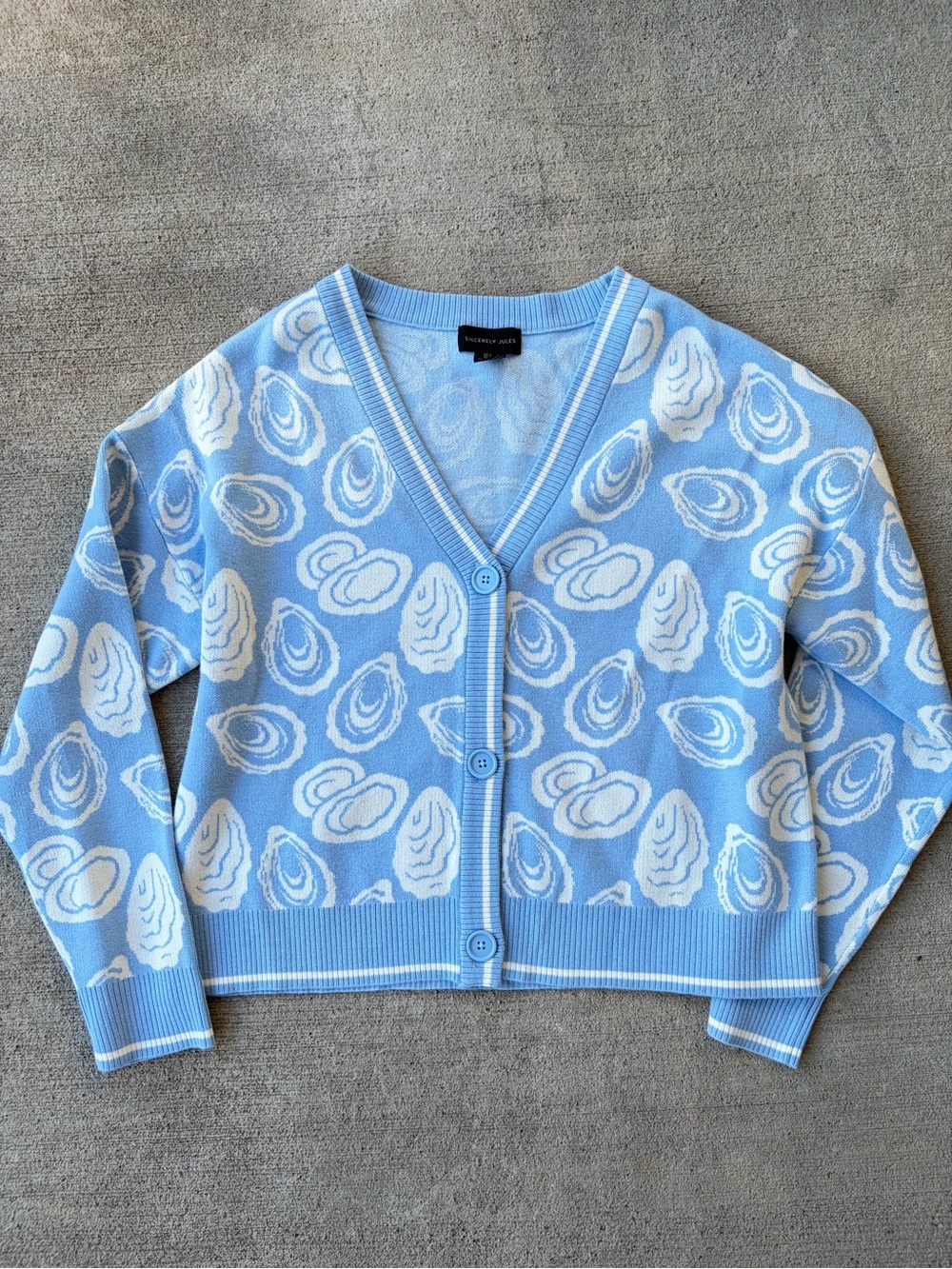 Sincerely Jules oyster sea ocean shell cardigan knit sweater top blue NWOT LG